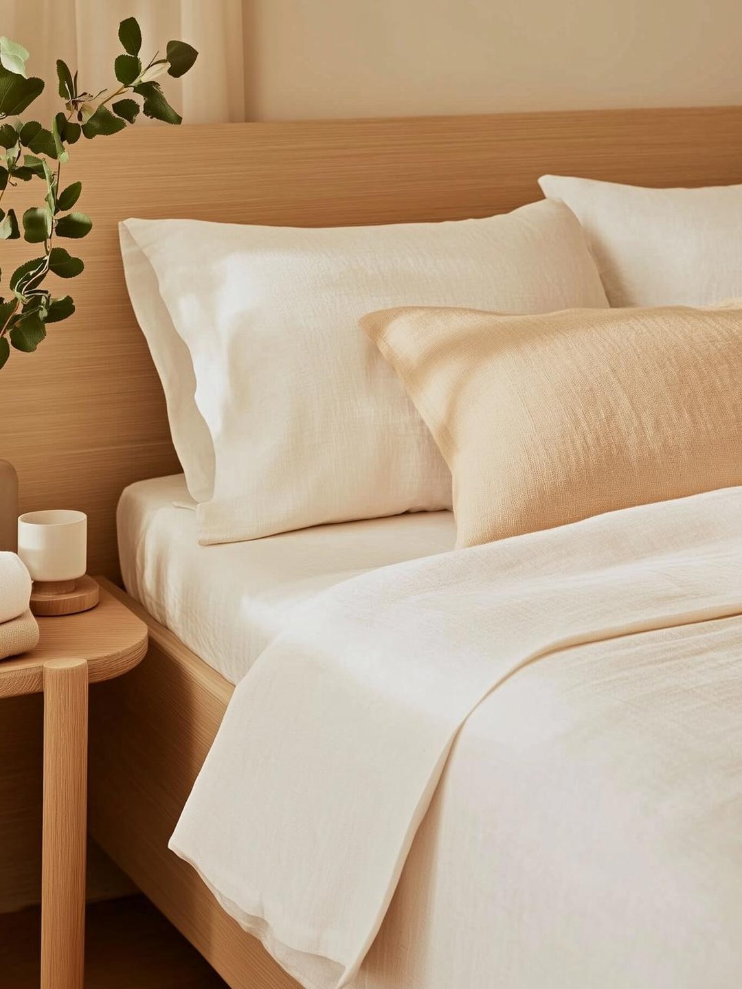 Crisp white hotel bedding on warm linen in soft daylight, with a brass fixture detail