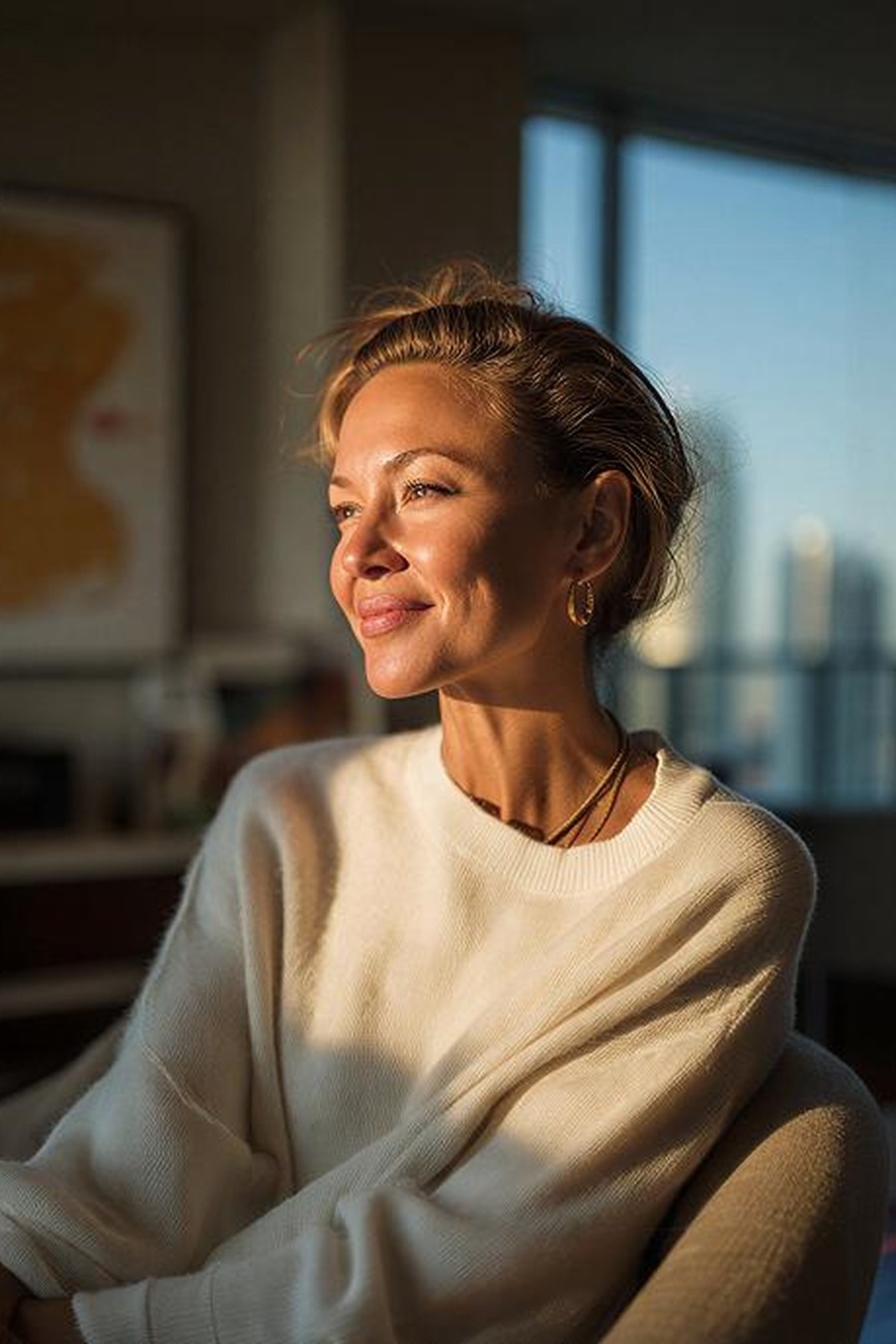 A traveller resting at ease in a calm, sunlit room.